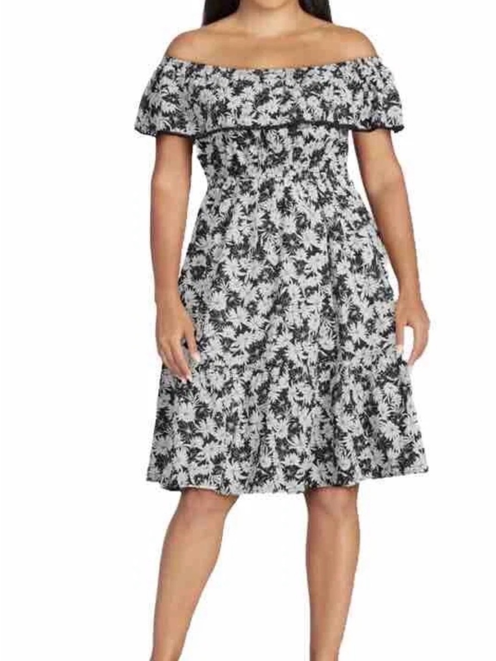 Terra & Sky Black and White Off-Shoulder Floral Midi Dress - Size 3X